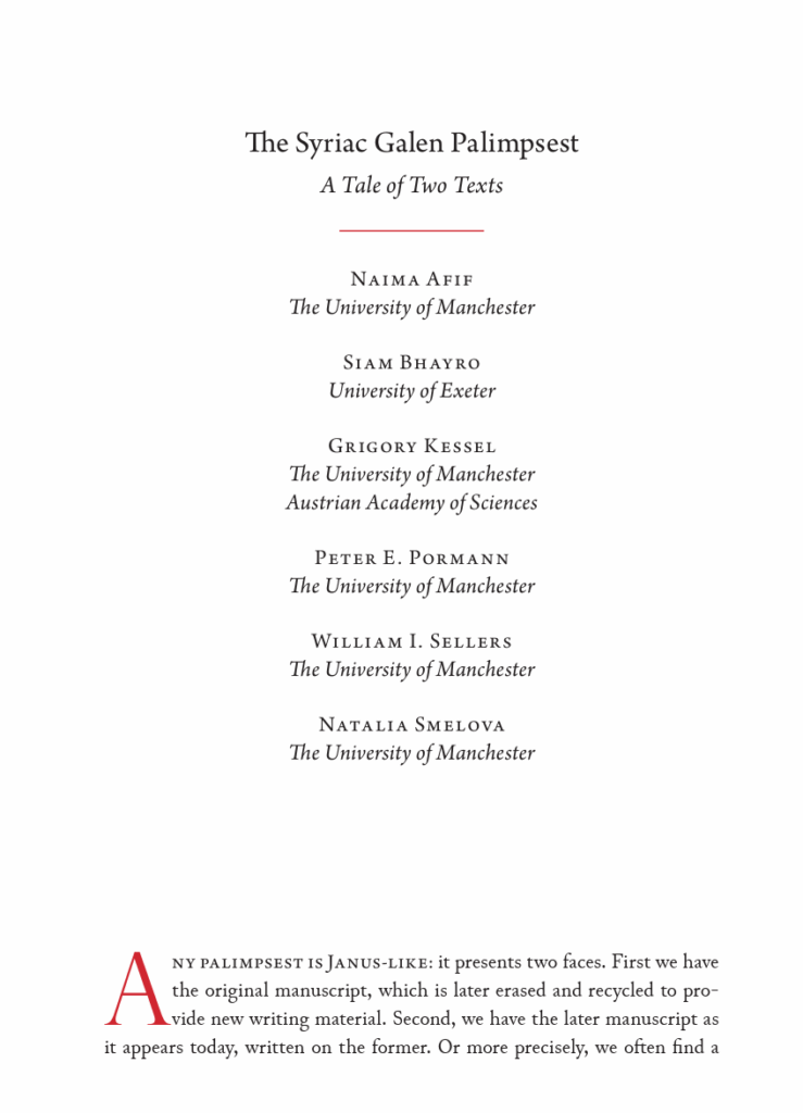 Syriac Galen Palimpest a tale of two text Naima Afif Siam Bhayro Grigory Kessel Pormann Sellers Smelova