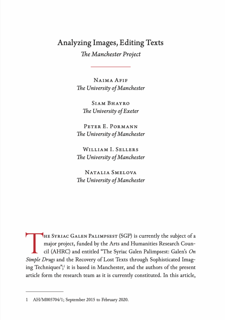 Syriac Galen Palimpest analysing images editing texts article paper Naima AFIF Pormann Siam Bhayro Sellers Smelova